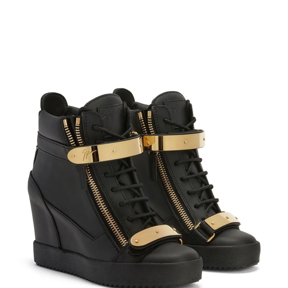 Giuseppe Zanotti Coby Black and Gold Wedge Sneakers